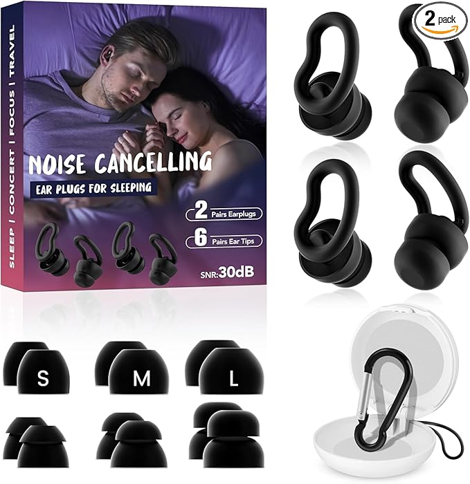Ear Plugs for Sleeping,Reusable Noise Reduction Ear Plugs for Side Sleepers | 2 Pairs Silicone Ear Plugs, 6 Sizes Ear Tips (Single & Dual Layer), 30dB Noise Cancelling for Snoring,Travel ,Focus&Concerts