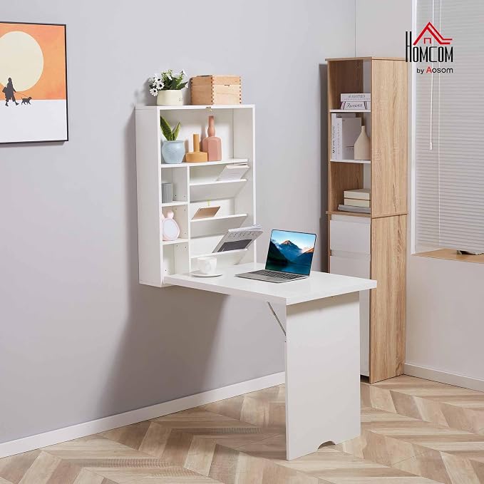 HOMCOM Wall Mounted Fold Out Convertible Desk, Multi-Function Floating Desk with Storage Shelf for Home Office, White