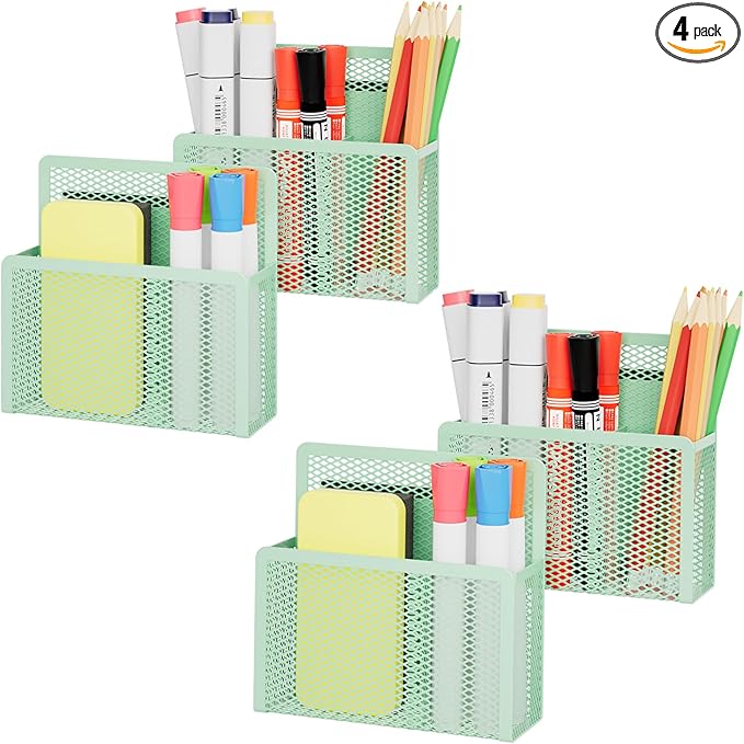 Marbrasse Magnetic Dry Erase Marker Holder, Mesh Pen Holder for Whiteboard，Magnet Pencil Organizer Storage for Refrigerator Locker Accessories Organizer for Home, School and Office (Green 4p)