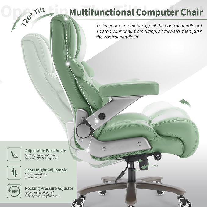 VUZI 700lbs Big and Tall Office Chair, Large Executive Leather Desk Chair | Adjustable Lumbar Support for Back Pain, Plus Size Wheels, 3D Flip Arms, Heavy Duty Metal Base, Wide Seat Computer Chair