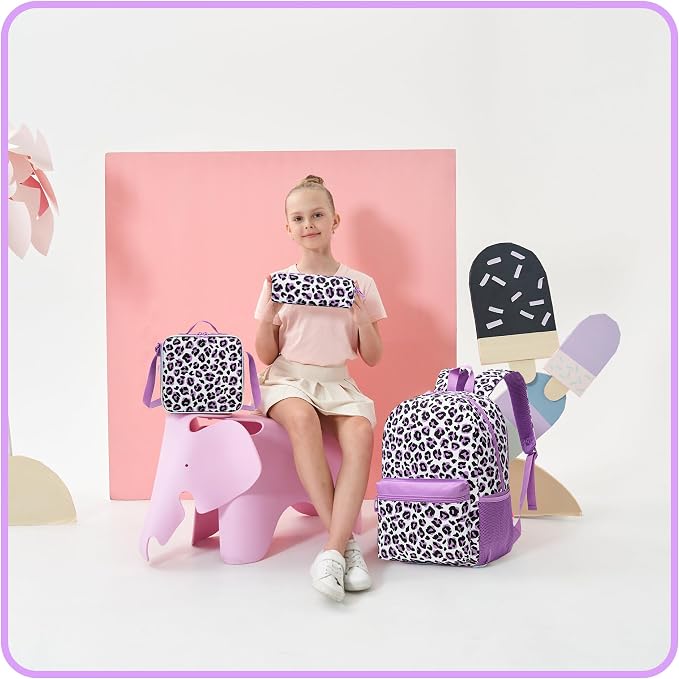 Backpack for Girls Backpack for School 8-10 Kids Backpacks with Lunch Box Leopard Print Schoolbag for Kids