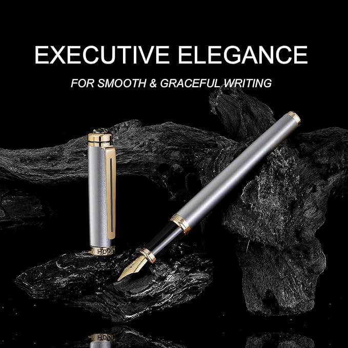 Silver Luxury Fountain Pen Set for Men and Women with Gift Box, 24K Gold Finish and Gilded Nib(Medium) with 5 Black Ink Cartridges and Converter