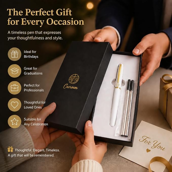 Luxury Gold Rollerball Pen, 24K gold-plated exquisite pen body, stylish and simple design, two ink refills, gift set for men and women, executive writing, office, graduation gift (White)