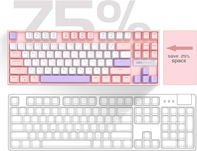 MageGee 75% Mechanical Gaming Keyboard, Red Switch, LED Blue Backlit, 87 Keys Compact TKL Wired Computer Keyboards for Windows Laptop PC Gamer - White/Pink