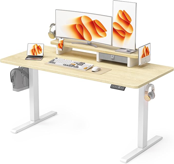 WALKINGDESK 63x24 Inches Electric Standing Desk with Drawer and Monitor Stand, Height Adjustable Sit to Stand up Desk for Home Office, Ergonomic Computer Table with Phone Holder, 3 Hooks, Oak