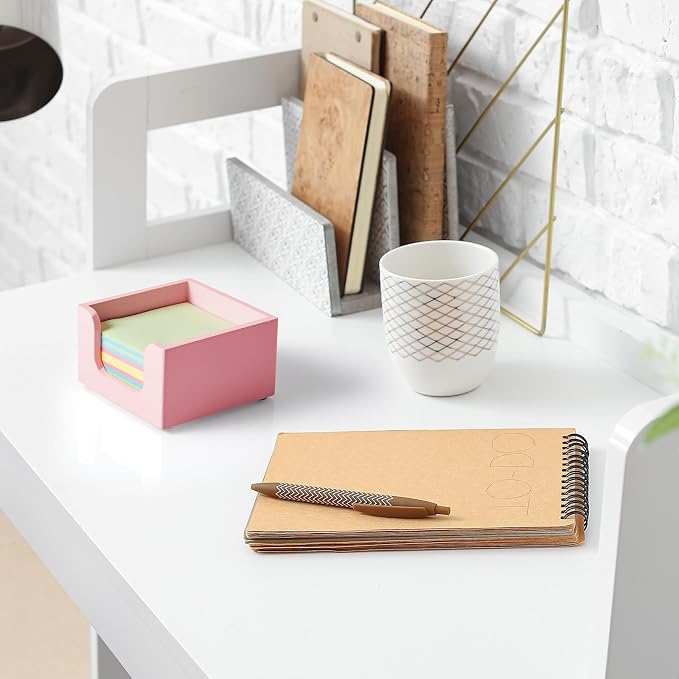 Wood Sticky Note Holder, 3 x 3 Inch Post It Note Dispenser for Office Desk Accessories, Self Stick Note Pad Holder, Memo Pad Holder Dispenser Organizer for School Office Desk Supplies, Pink