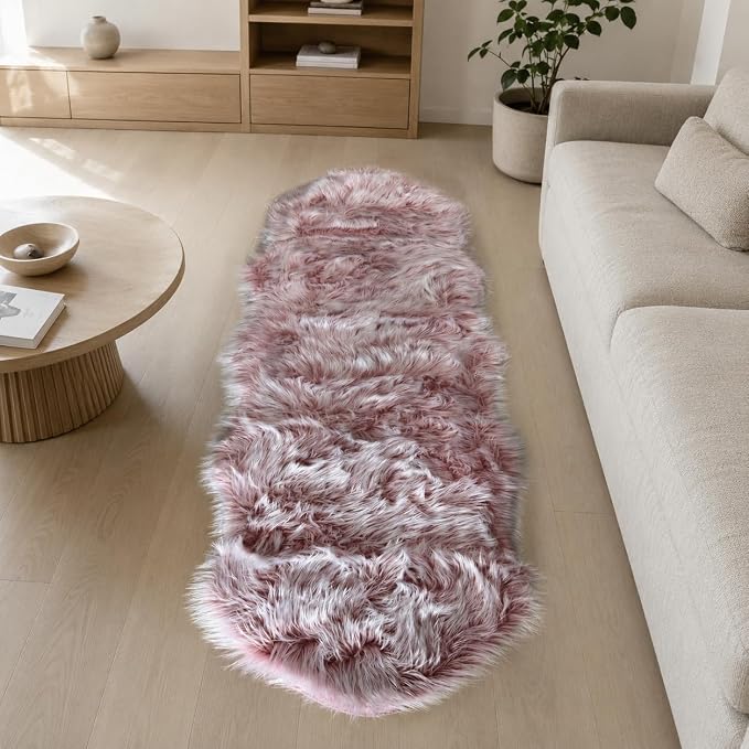 EasyJoy Faux Sheepskin Rug, Fluffy Faux Fur Rug, Ultra Soft Shag Area Rug with Non-Slip Backing for Bedroom, Living Room, Nursery, Kids Room(2 x 6 ft Sheepskin, Frosted Bottom Pink)