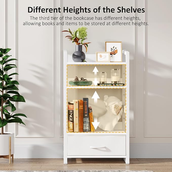 Hosfais Small Bookshelf with Drawer - 4-Tier Wood Book Shelf Industrial Narrow Bookcase Storage Organizer Metal Stackable Shelves for Desktop Bedroom Living Room Home Office (White)