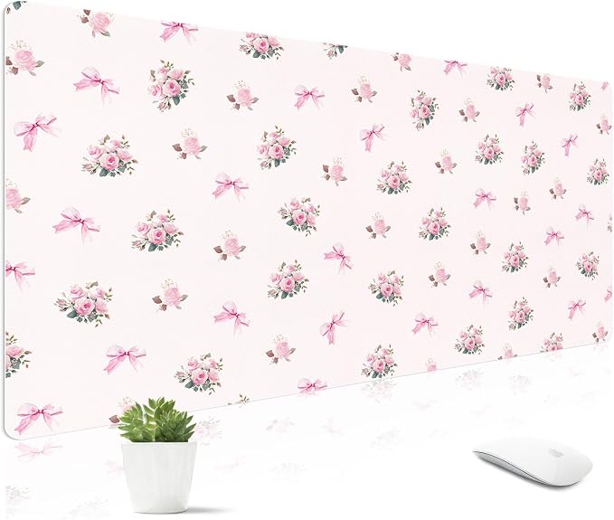 Mouse Pad Leather Desk Mat Large Keyboard Cute Office Desktop Computer Laptop XXL Long Big Aesthetic Modern Design Women Girls Gaming Gamer Oversized Wide Mousepad 31.5"x15.7", Bow Rose