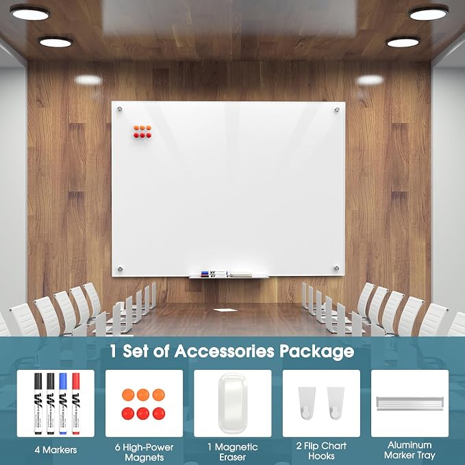 MaxGear 48" x 36" Glass Whiteboard Wall Mounted for Office Home Classroom | Magnetic Glass Dry Erase Board, Tempered Glass, Steel Backed, Non-Porous Surface, Frameless Design, Hardware Included