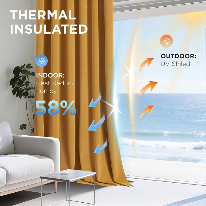 Joydeco Mustard Yellow 100% Blackout Curtains 84 Inch 2 Panels, Luxury Thermal Yellow Velvet Curtains for Bedroom Living Room, Soundproof Blackout Window Drapes, Rod Pocket & Back Tab (52W x 84L)