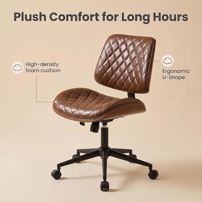 Furnimart Wooden Armless Desk Chair with Wheels, 360° Swivel Faux Leather Vanity Chair for Bedroom, Small Office Computer Task Chair for Home & Compact Spaces (PU Brown)