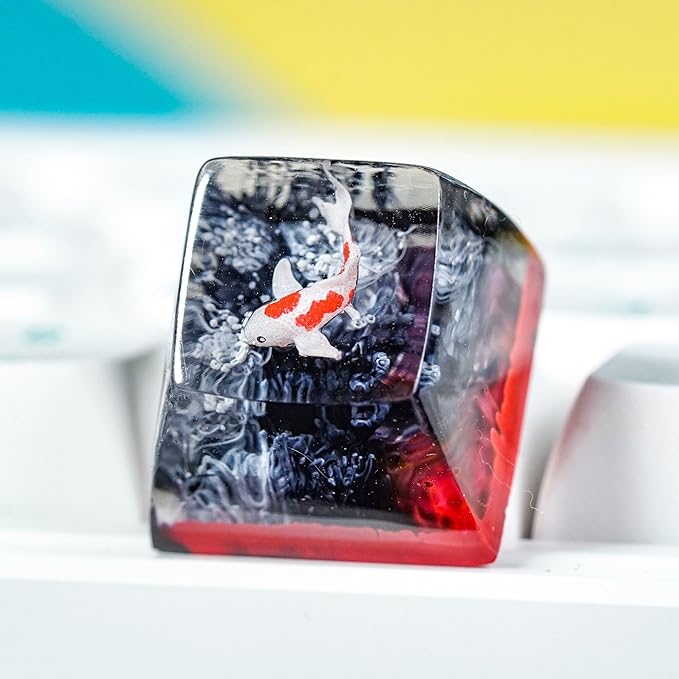 Koi Fish Artisan Keycap Black Red - 1U ESC, R1 SA Profile Custom Handmade Resin Cherry MX Switch Key Cap Mechanical Keyboard, Cool Tech Gifts for Men, Dad, Father, Gamer, Koi Lover