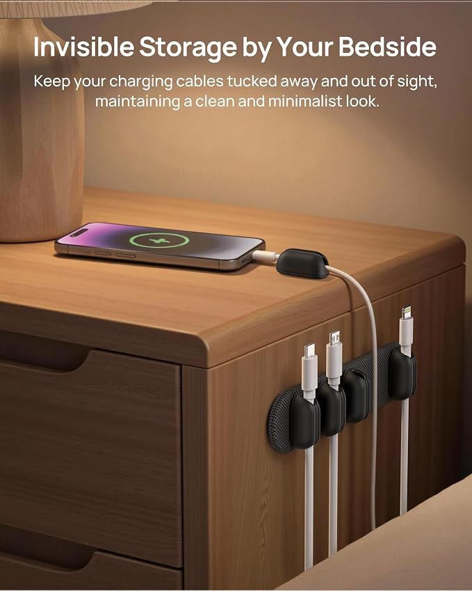 6 Pack Magnetic Cable Holder [2 in 1 Magnet & Adhesive] Cable Clips Silicone for Phone Charger, SODI Minimalist Cord Holder for Nightstand, Adhesive Cord Organizer for Desk, Car, Office (5-Black)