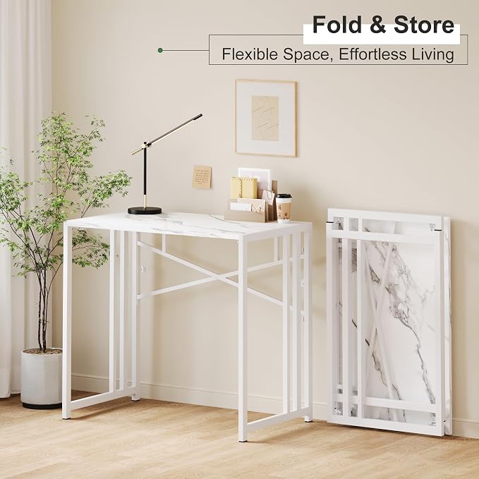 Lutown-Teen 35 inch Folding Small Desk, Writing Gaming Computer Camping Desk for Small Spaces, No Assembly Required Home Office Table, White Marble