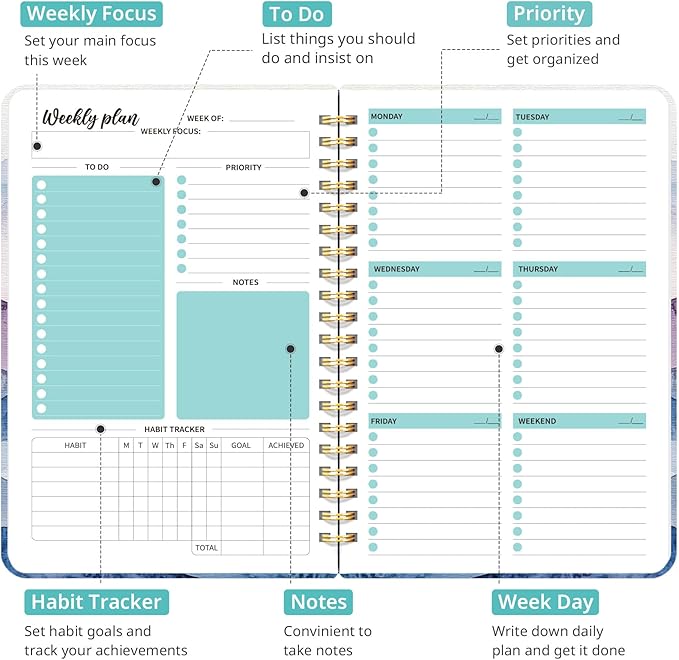 Taja Undated Weekly Planner, Weekly To Do List Notebook with Goal & Habit Tracker Organizer, A5 Weekly Planner Notebook with Spiral Binding, 6.1" x 8.2" - Distant Peaks