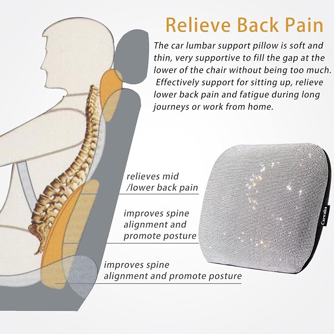 Carwales Lumbar Support Pillow Summer Decorative for Car Soft Bling Accessories Sparkly Diamond Rhinestone for Women Girls, Universal Office Chair Lower Back Cushion Rubber Black