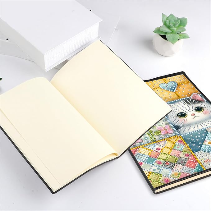 FRANDEK Diamond Art Painting Notebook Kit, Plaid Cat A5 DIY Journal with 50 Blank Pages, Crystal Rhinestone Cover with Waterproof Canvas, Beginner Craft Set with Full Tools for Adults