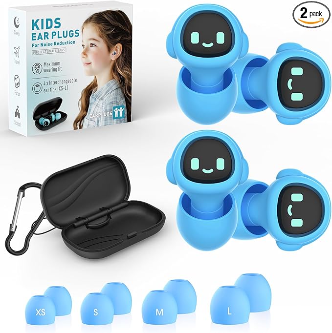 2 Pairs Kids Ear Plugs for 5-12 Yr, 27 dB Noise Reduction Extra Small Earplugs, Ear Plugs for Kids for Noise Sensitivity, Socializing, Sleep, Focus, 4 Sizes Ear Tips in XS-L (2X Blue)