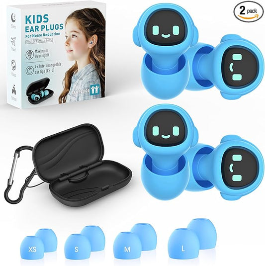 2 Pairs Kids Ear Plugs for 5-12 Yr, 27 dB Noise Reduction Extra Small Earplugs, Ear Plugs for Kids for Noise Sensitivity, Socializing, Sleep, Focus, 4 Sizes Ear Tips in XS-L (2X Blue)