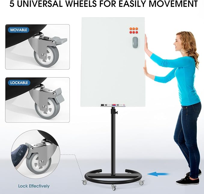 MaxGear Glass Mobile Whiteboard– 40'' x 28'' Magnetic Dry Erase Board Stand | Whiteboard with Stand & Wheels, Portable Dry Erase Easel for Office, Classroom & Home, Includes 4 Markers, 6 Magnets & Eraser