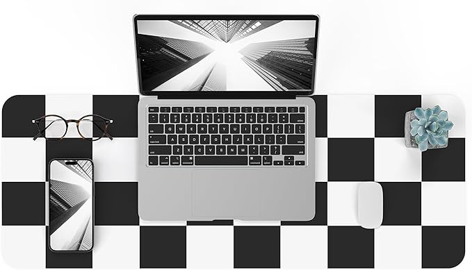 Non-Slip Checkered Desk Mat, 31.5"x12", White Black | Waterproof PU Leather, Large Blotter, Easy Clean, For Work/Home/Decor
