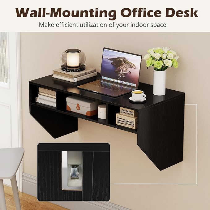 GOFLAME Wall-Mounted Computer Desk, Floating Study Table with Spacious Tabletop and 3 Open Compartments, Home Office Working Desk, PC Laptop Workstation, Vanity Table for Makeup Room (Black)