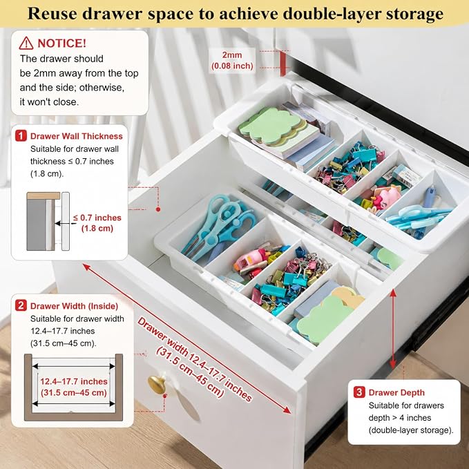 5 Pcs Expandable Drawer Organizer Bins Adjustable Deep Drawer Hanging Organizer Tray Expandable 11.4 to 18.1 Inches Plastic Dividers Storage for Office Bathroom Bedroom Kitchen Desk, White