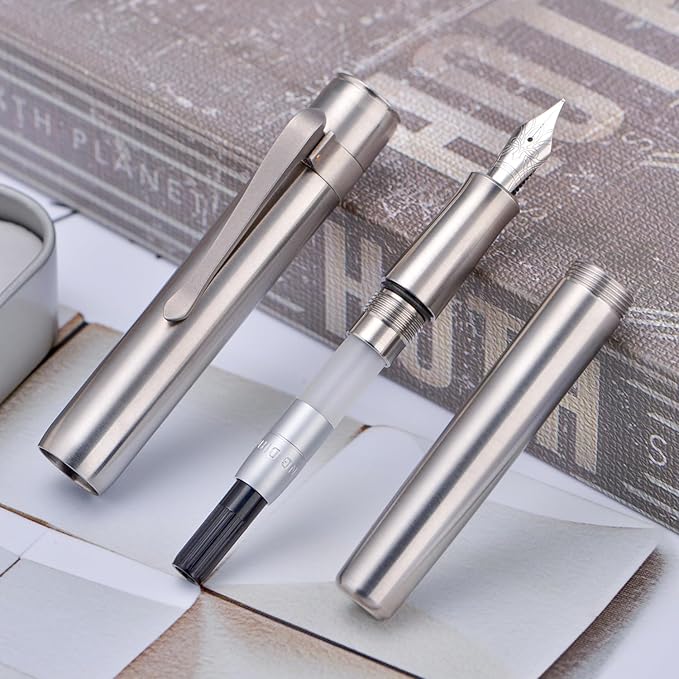HONG DIAN M2 Titanium Mini Fountain Pen, Fine Soft Nib & Sleek Shape Metal Short Pocket Travel Pen (Titanium Gray)