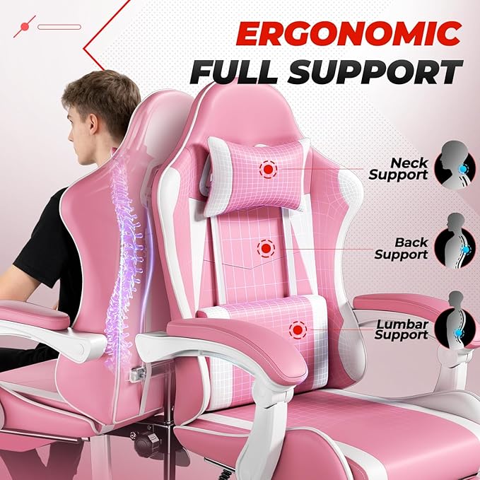 Auto Dynasty Ergonomic Gaming Chair, High-Back Office Chair w/Adjustable Lumbar Support, Linkage Armrest, Headrest & Footrest, 350LBS Recliner Swivel Computer Game Racing Chair, Pink/White