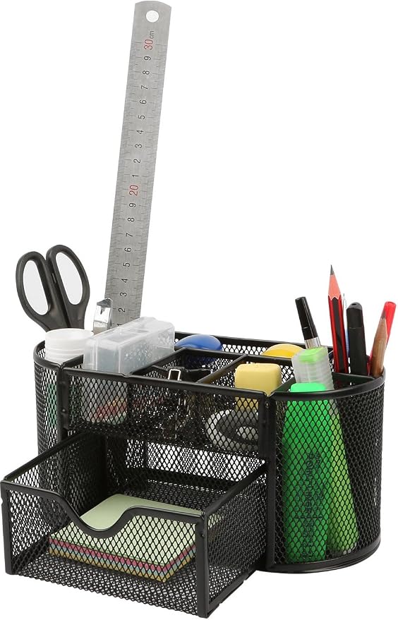 GPCT Office School Home/Teacher Supplies Mesh Desk Pen Organizer. Comes W/ 4 Pencil Cups For Highlighters/Pens/Sharpie, 4 Square Compartments For Paper Clips/Sticky Notes & 1 Supply Drawer- Black