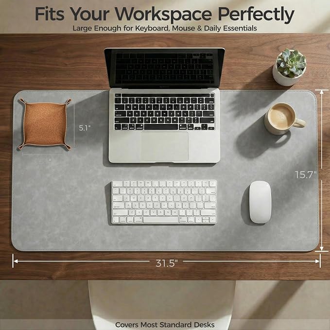 Premium Faux Leather Desk Mat & Tray Set，Innovative Cork-Look Printed Base，Gift Tube Packaging，Full-Desk Coverage，Non-Slip Desk Pad for Office Home（Mist Gray）