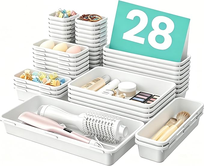 A-LuGei 【Military Grade】 Drawer Organizer, 【𝟱𝗦𝗶𝘇𝗲】 Makeup organizer, 【Holds 177 Items】 Bathroom Organizers and Storage, Organization and Storage, Desk Drawer Organizer for Vanity (White)
