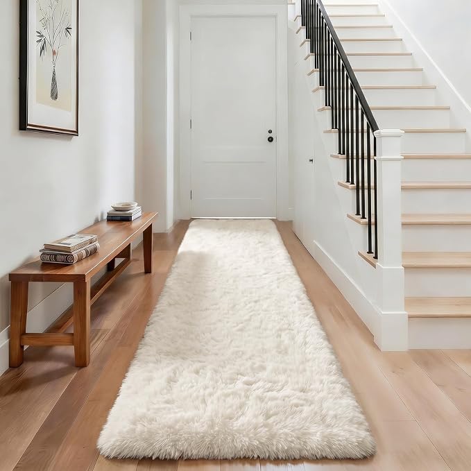 Ophanie Runner Rug for Hallway, 3x8 Washable Non-Slip Fluffy Soft Bedside Rugs, Bedroom Living Room Shaggy Carpet for Kids Girls Boys Dorm Nursery Decor Aesthetic, Ivory with Over 99 pcs Pile fibers