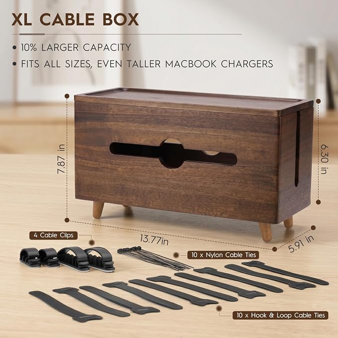 Extra Large Cable Management Box，Wood Cable Organizer Box,Power Strip Box & Organizer for Power Strip, TV Wires & Desk Cable Storage,Hide Desk Cord and Floor Cables