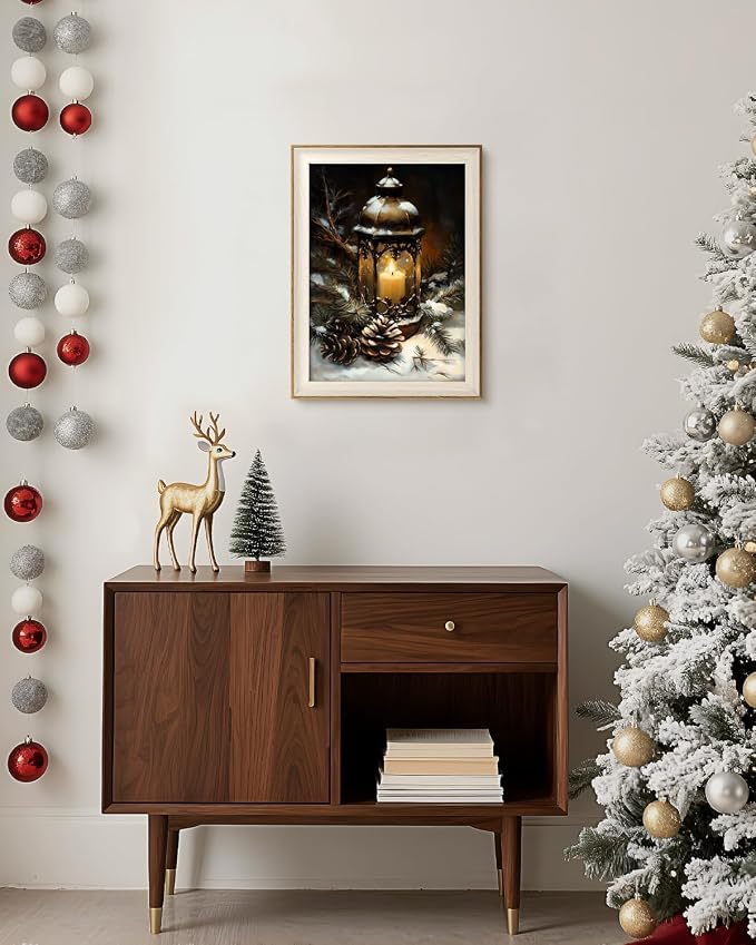 VIYYIEA Winter Framed Wall Art for Living Room, Oil Lamp Canvas Prints, Oil Painting Home Decor, Christmas Picture, Bathroom Wall Decor Gifts for Friends or Family - 16L x 12W