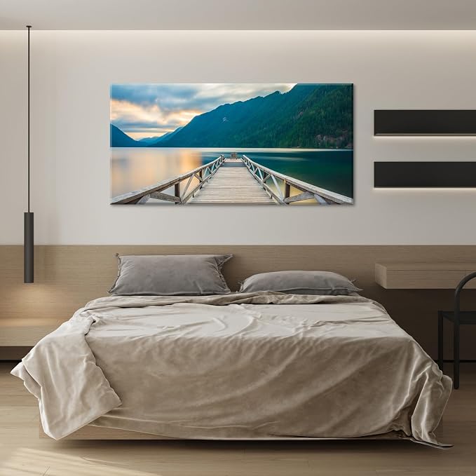Olympic National Park Canvas Wall Art Crescent Lake Pictures Wood Dock Wall Decor Sunset Mountains Scenery Canvas Prints Photo Nature Artwork for Living Room Bedroom Office Home Decoration 24x48"