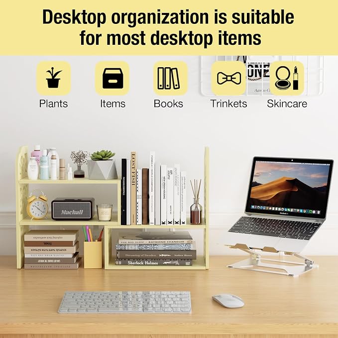 YGYQZ Adjustable Desktop Shelf Organizer, 3-Tier Expandable Desk Shelf, Beige Pattern