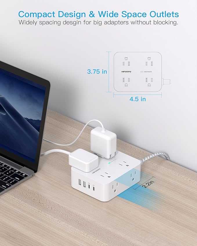 PD 30W USB C Power Strip 15Ft, HANYCONY 8 Outlets Surge Protector 4 USB (2 USB C Ports), 1080J Desk Charging Station for Multiple Devices, Flat Plug Extension Cord for College Dorm Room Essentials