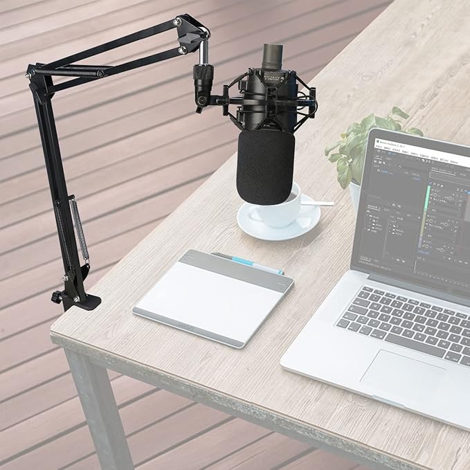 Audio-Technica AT2020 Mic Boom Arm with Foam Windscreen, Suspension Boom Scissor Arm Stand with Pop Filter Cover for Audio-Technica AT2020 Microphone by SUNMON