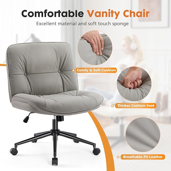 Sweetcrispy Criss Cross Chair with Wheels, Wide Seat PU Leather Armless Office Desk Vanity Chair, Comfortable Adjustable Swivel Computer Task Chairs for Bedroom, Small Space Make Up, Grey
