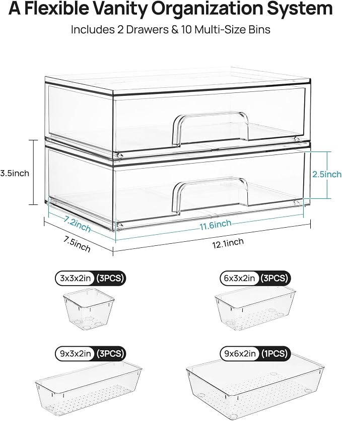 Vtopmart 12-Pack Clear Makeup Organizer Set with Drawer Organizer Bins | 2 Pack Stackable Storage Drawers & 10 Pack Drawer Organizer for Vanity Cosmetic, Bathroom Countertop, Desk