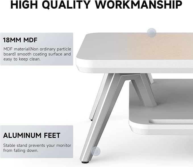 Fenge Monitor Stand Riser, Wooden Desk Shelf with 2-Tier Storage | 23.6-Inch Wide, Sturdy Aluminum Legs, Built-In Phone & Tablet Slot, Desktop Organizer for Office Accessories