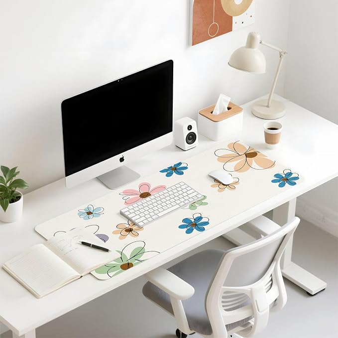 Mouse Pad Leather Desk Mat Large Keyboard Cute Office Desktop Computer Laptop XXL Long Big Aesthetic Modern Design Women Girls Gaming Gamer Oversized Wide Mousepad 31.5"x15.7", Line Flower