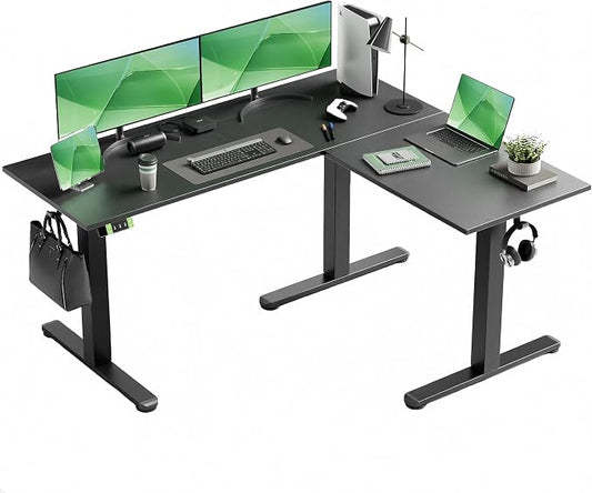 Claiks L-Shaped Electric Standing Desk with Dual Motors, 59 x 51 Inch Black | Spacious desktop, 28.3 to 46.5 inch height range, 176 lbs capacity, memory presets, headphone hook