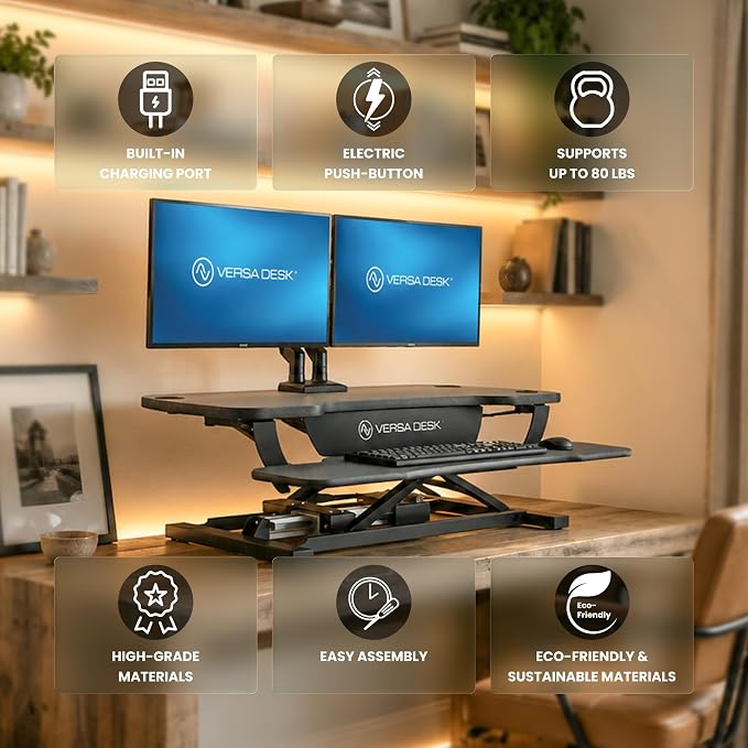VERSADESK PowerPro 48 Inch Electric Standing Desk Converter – Push-Button Height Adjustable Sit to Stand Desk Riser for Multiple Monitors – Motorized Desktop Workstation with Wide Keyboard Tray, Black