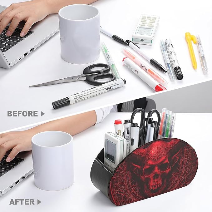 Demon Skull And Horns Remote Organizer Caddy for Table Remote Control Holder Leather TV Remotes Holder with 5 Compartments Remotes Caddy Media Storage Box for Desktop Organization