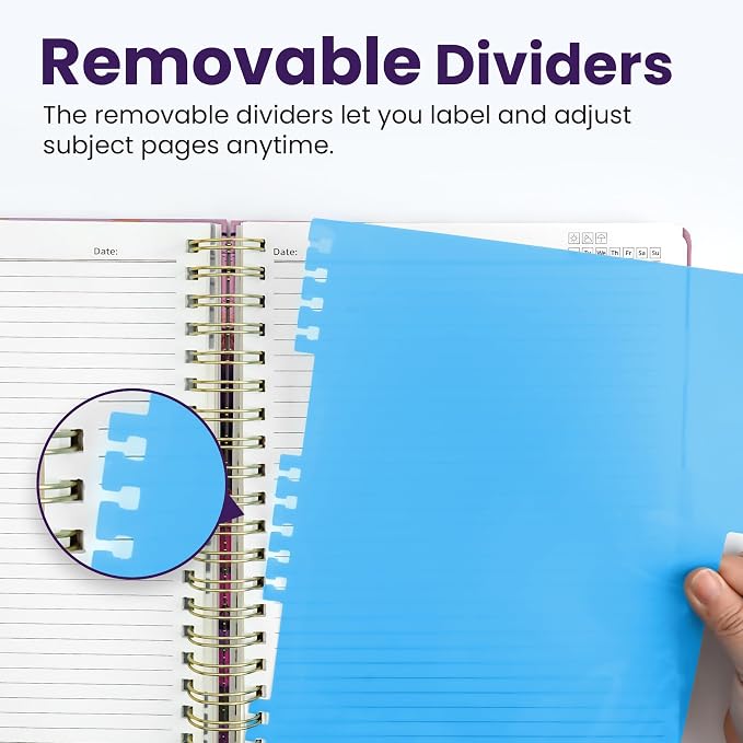 Large Spiral Lined Notebooks for Work with Removable Dividers & Tabs, 8.5"x11" Pretty Hardcover 5 Subject Notebook Journal for Women, College Ruled, Perfect for Study & Office Organization, 280 Pages,Lavender Sunset