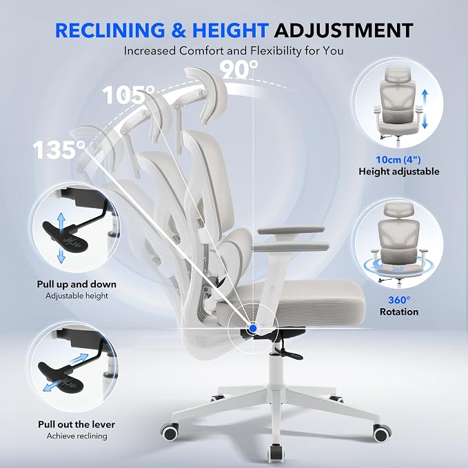 Office Chair Ergonomic Desk Chair - Home Mesh Office Desk Chair with Adjustable Lumbar Support, High-Back Computer Gaming Chair with Headrest 3D Armrests, Rolling Swivel Task Chairs for Home, Office