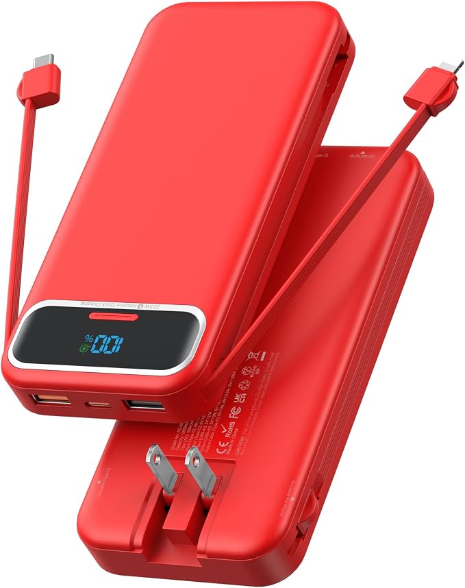 Nusyddy Portable Charger 12000mAh 22.5W w/Built-in Cables & Wall Plug Red | 22.5W Fast Charging, LED Display, Pass Through Charging, TSA Approved, Portable & Slim, Power Bank for iPhone, iPad, Samsung